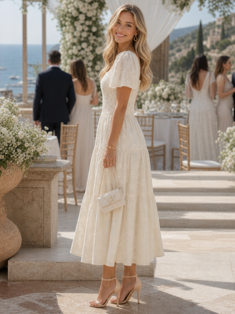 Elegantes Midi-Kleid für Damen mit floralem Muster und Puffärmeln - J&B - 2 - Annoboutique