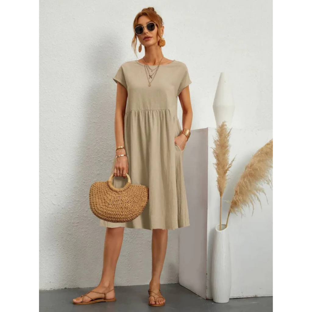 Mara – Damen Midikleid mit Rundhalsausschnitt und lockerer Passform