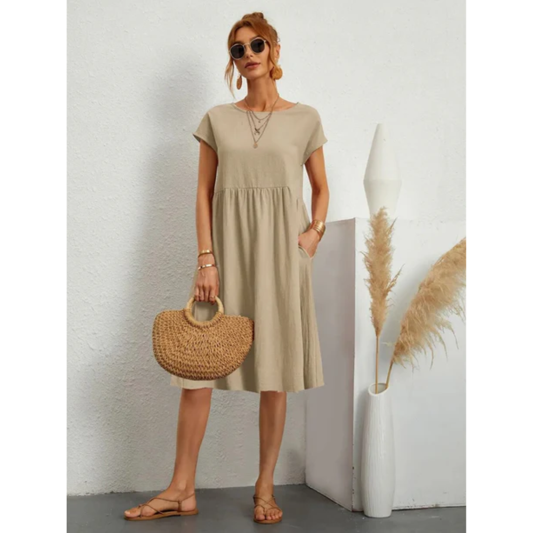 Mara – Damen Midikleid mit Rundhalsausschnitt und lockerer Passform