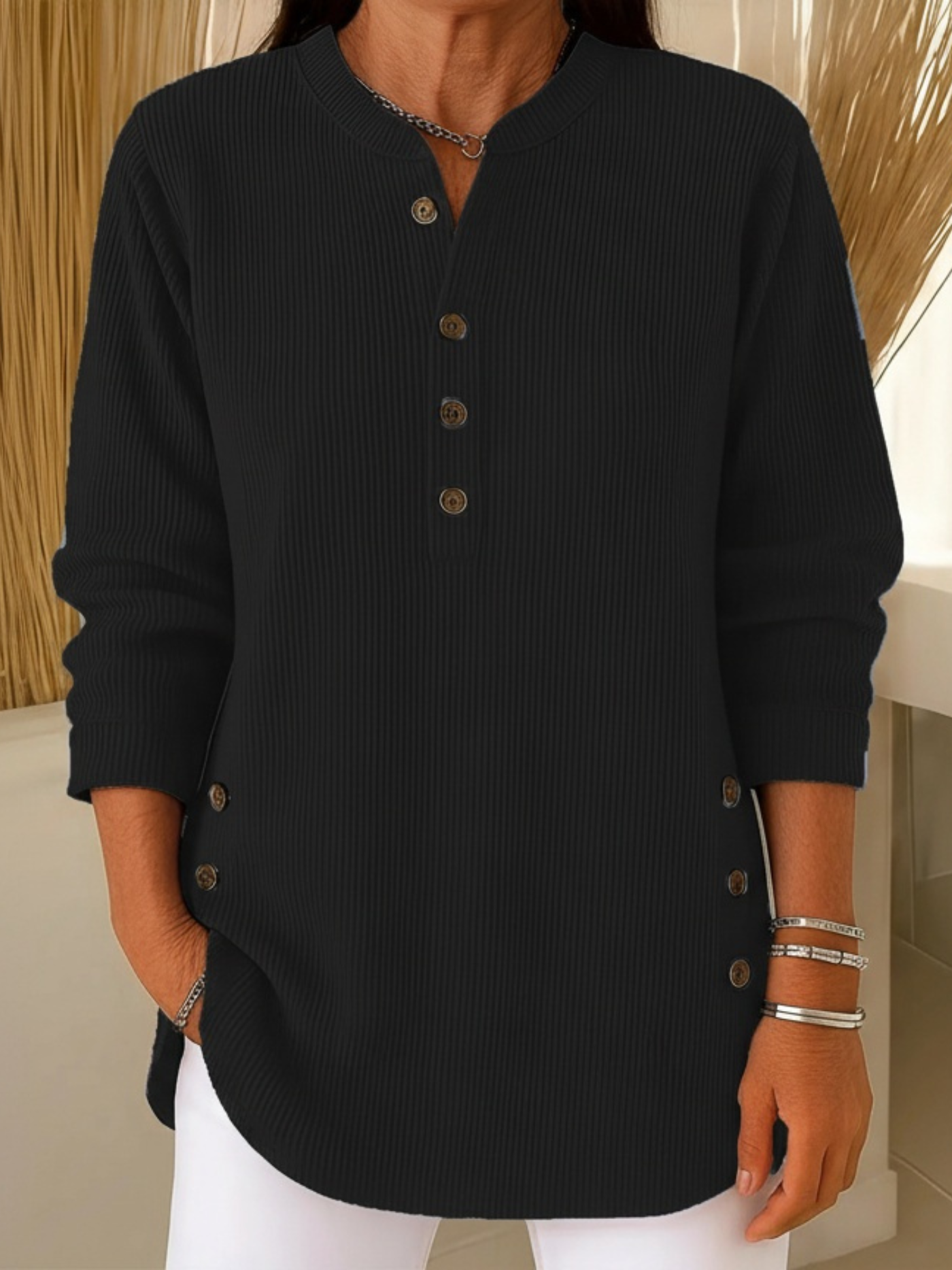 Agnieszka – Geripptes Longsleeve-Henley im gemütlichen Casual-Look für Damen