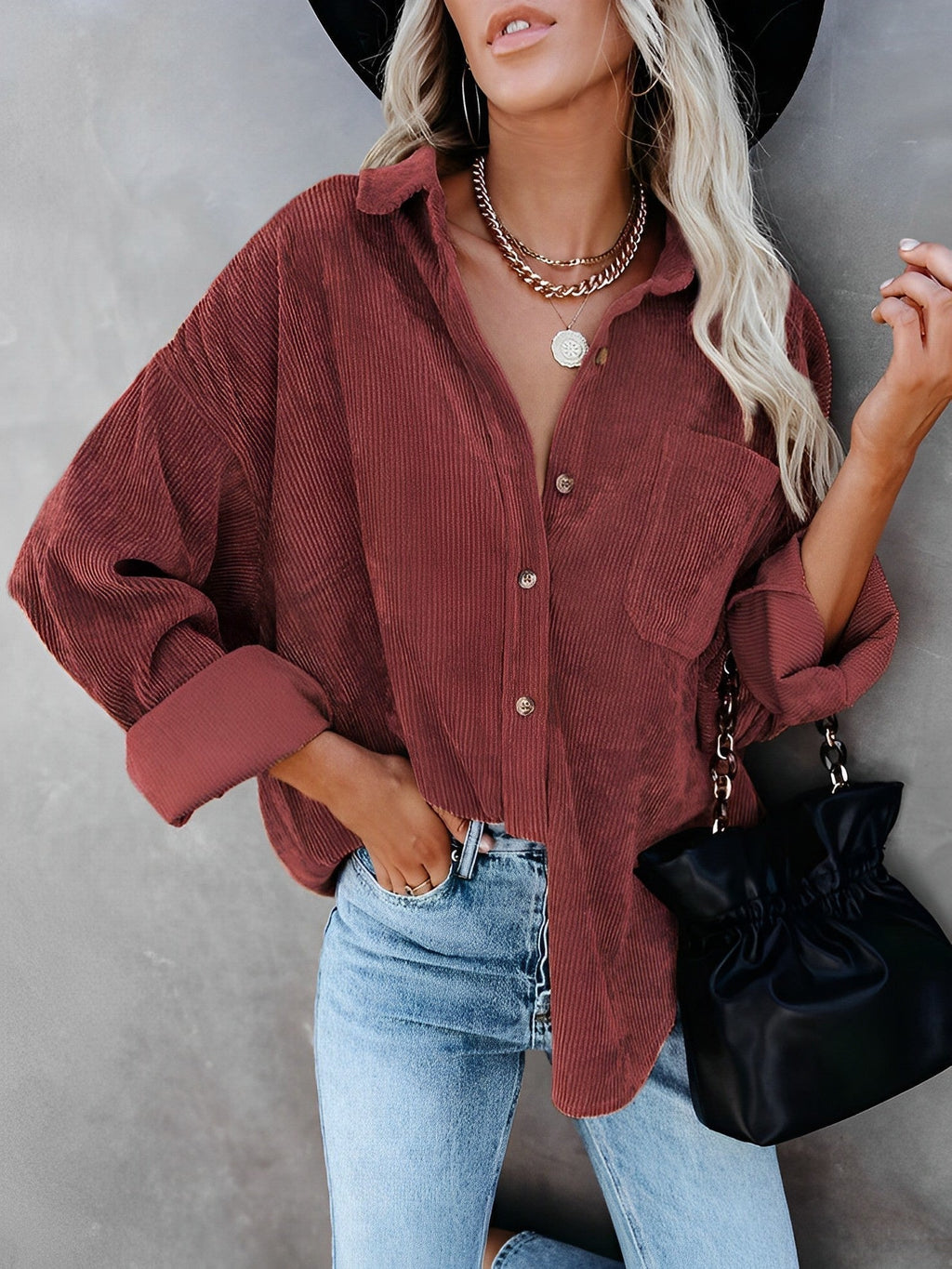 Ariana – Lässige Damen Cordbluse mit Knopfleiste