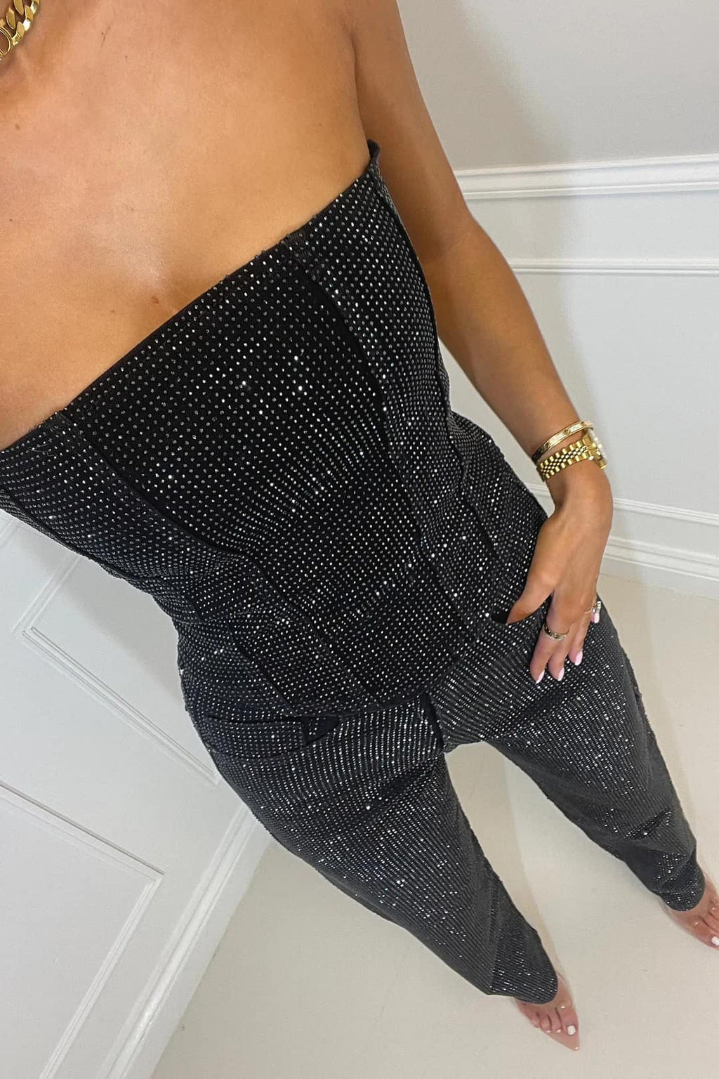 Isabelle - Damen Jumpsuit trägerlos elegant mit Glitzer