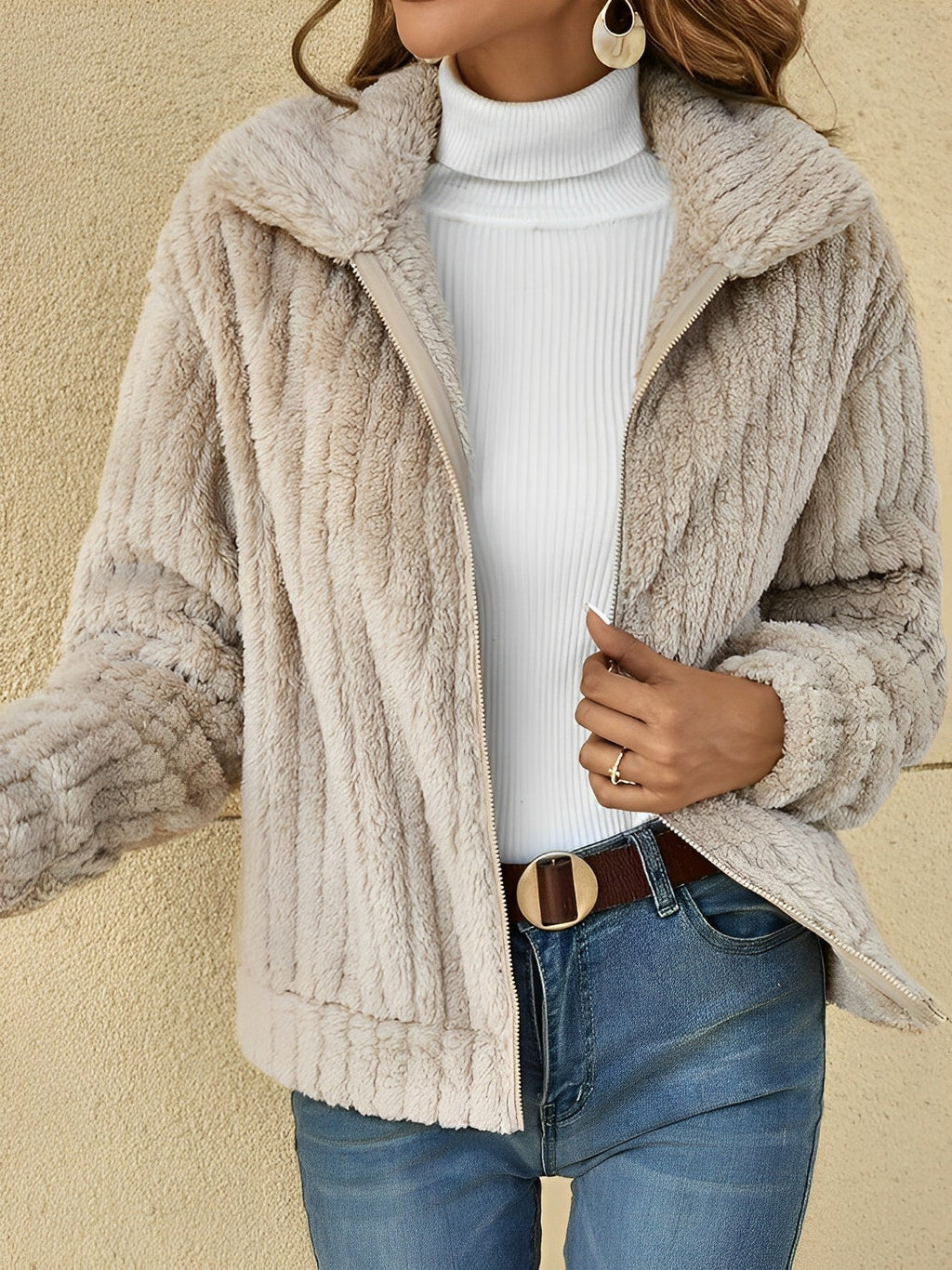 Selina - Kurzjacke Damen Teddyfell langarm Herbst Winter elegant