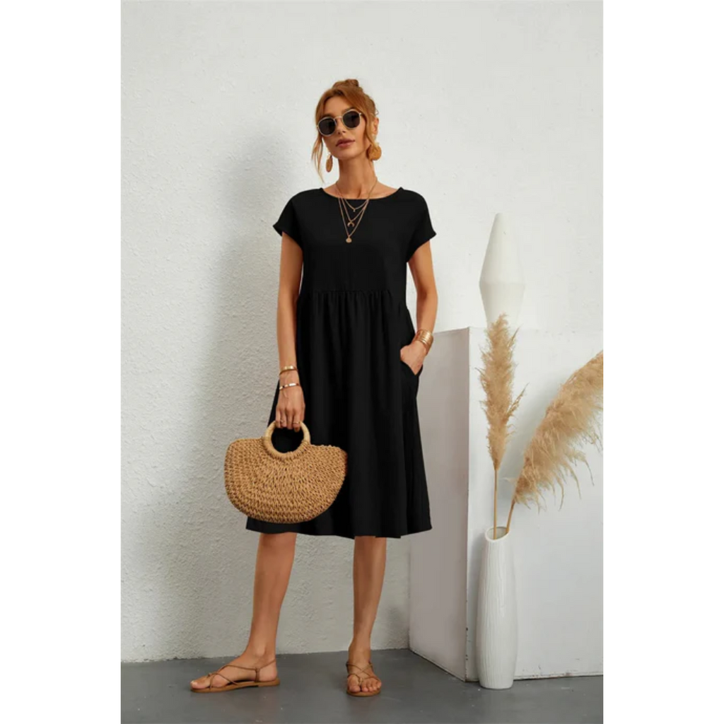 Mara – Damen Midikleid mit Rundhalsausschnitt und lockerer Passform