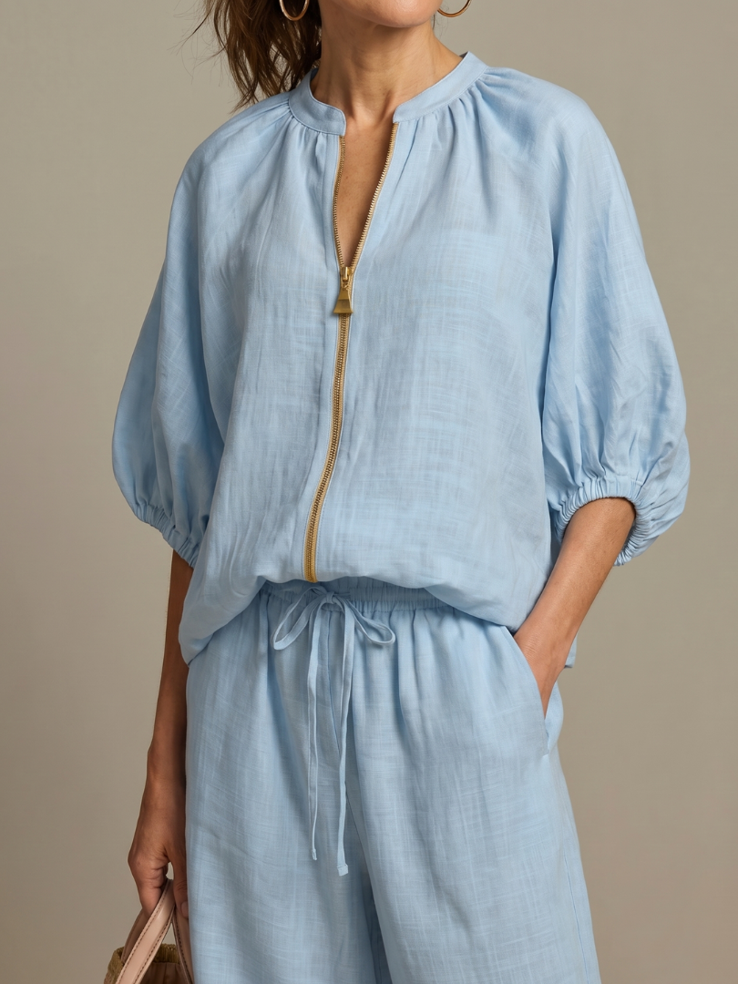 Damen Set bestehend aus Oberteil mit Puffärmeln und weitgeschnittener Hose - J&B - 3 - Annoboutique