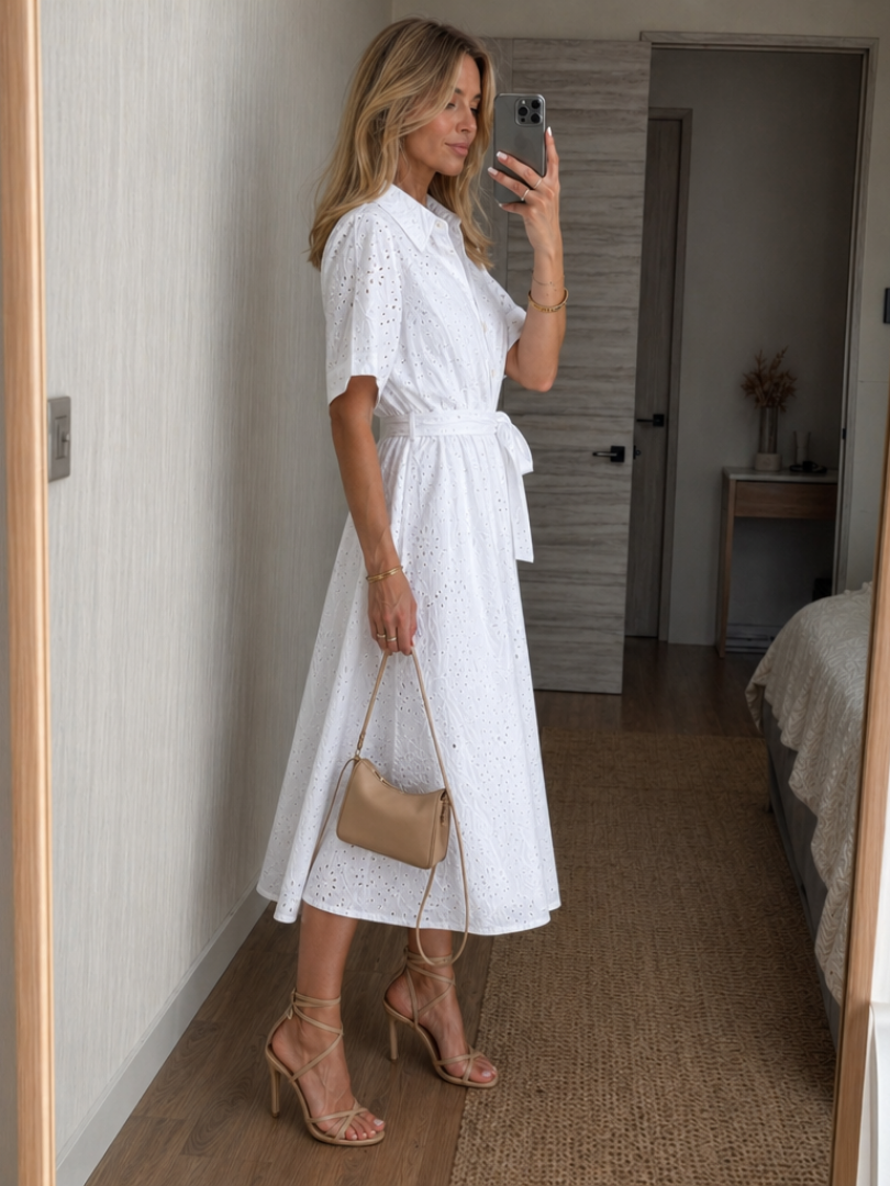 Damen Hemdkleid mit floralem Lochmuster und tailliertem Gürtel - J&B - 2 - Annoboutique