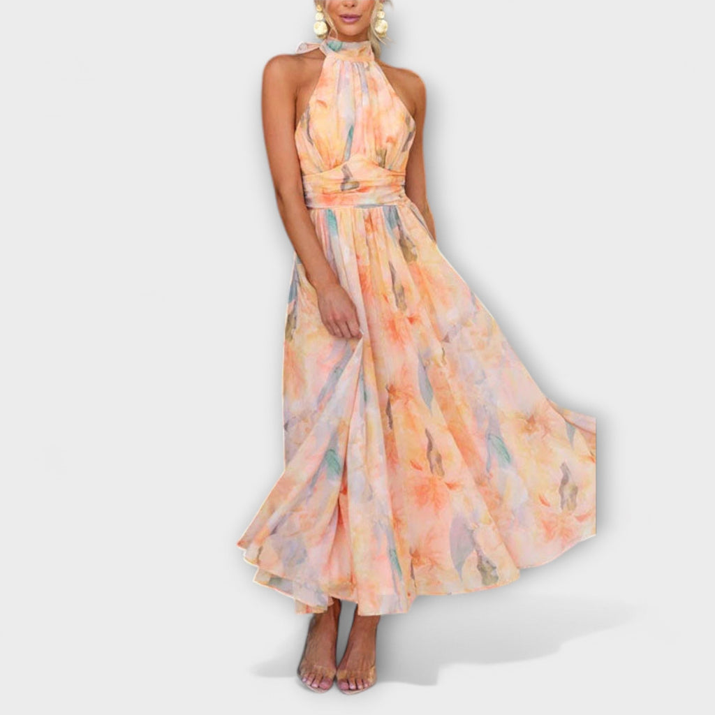 Sofia – Damen Halterneck Maxikleid mit fließendem Schnitt und Taillenbetonung
