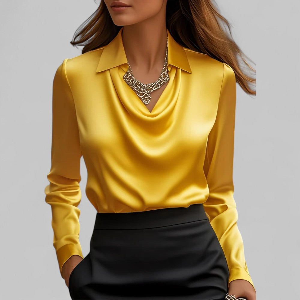 Sophie – Damen Langarm Satinbluse mit Wasserfallausschnitt