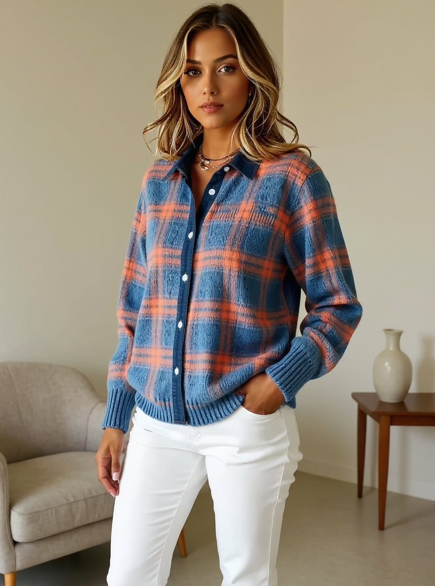 Chloe – Weich gefütterte Karodruck-Strickbluse für Damen im modernen Cozy-Look