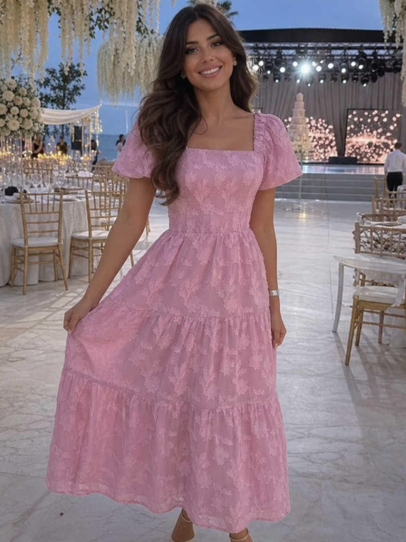 Elegantes Midi-Kleid für Damen mit floralem Muster und Puffärmeln - J&B - 4 - Annoboutique
