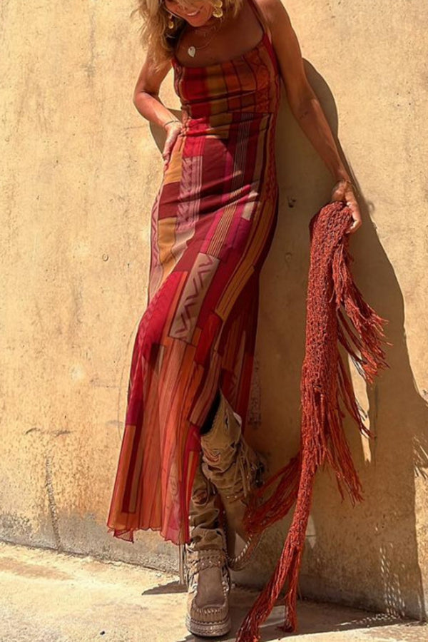 Mara – Damen Boho Maxikleid mit schmalen Trägern und Ethno-Muster