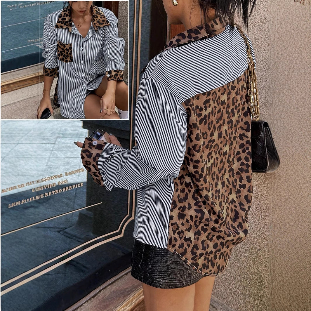 Elena - Gestreifte Damenbluse mit Leoparden-Details