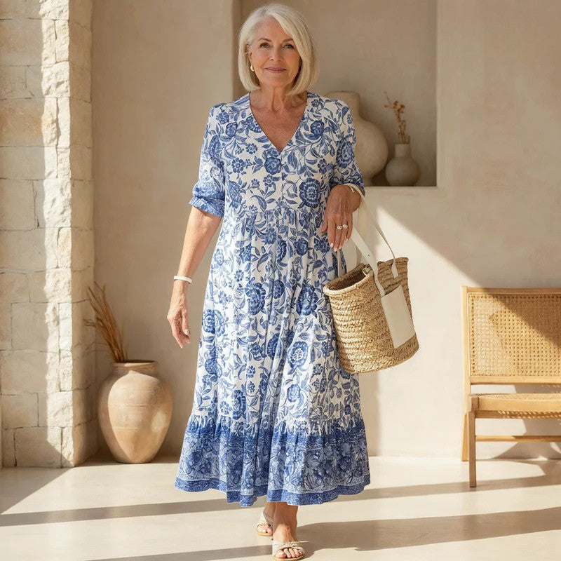 Hannah – Lockeres Midikleid mit floralem Muster und V-Ausschnitt