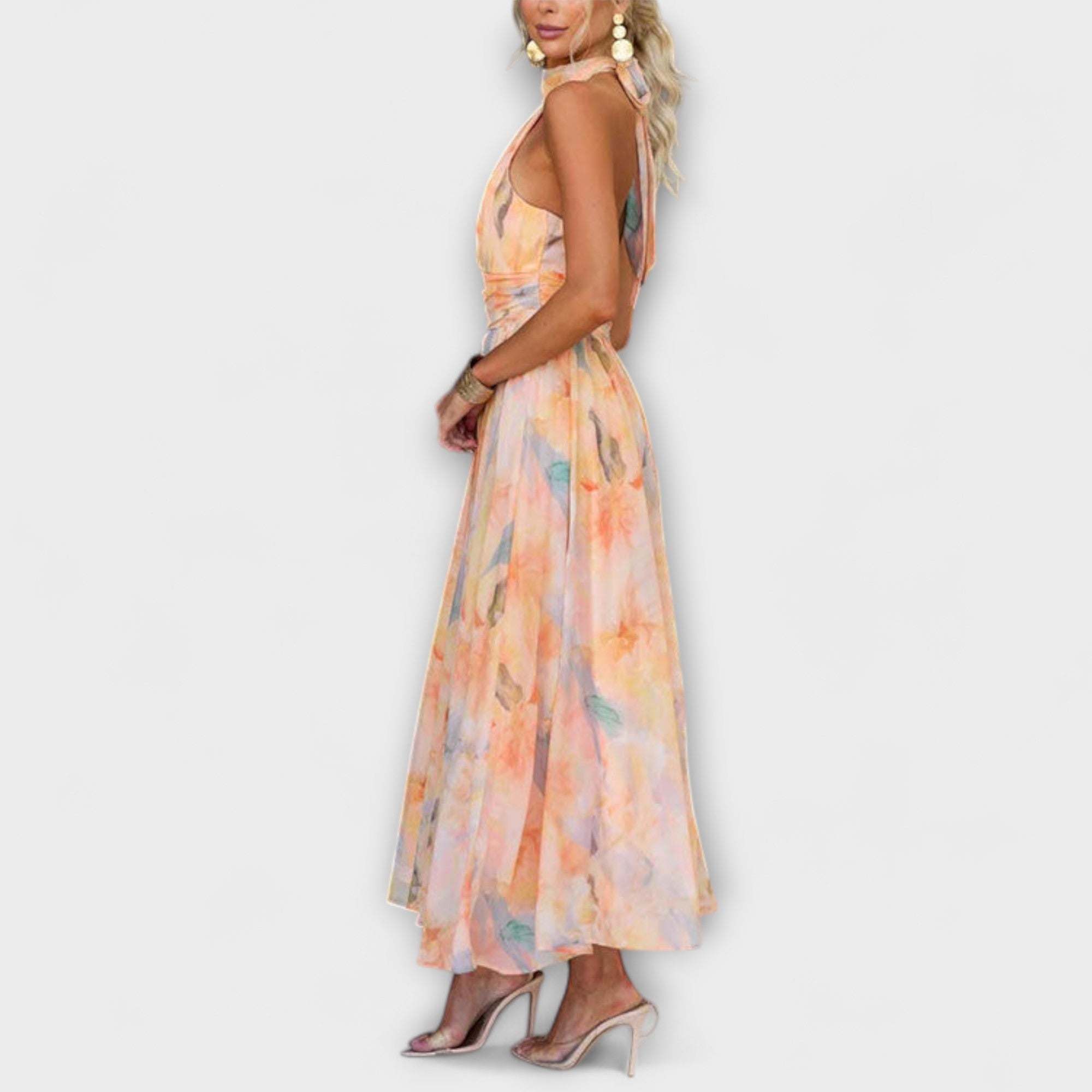 Sofia – Damen Halterneck Maxikleid mit fließendem Schnitt und Taillenbetonung
