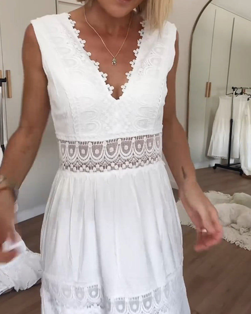 Elena – Damen Boho Maxikleid mit V-Ausschnitt und Spitzenbesatz