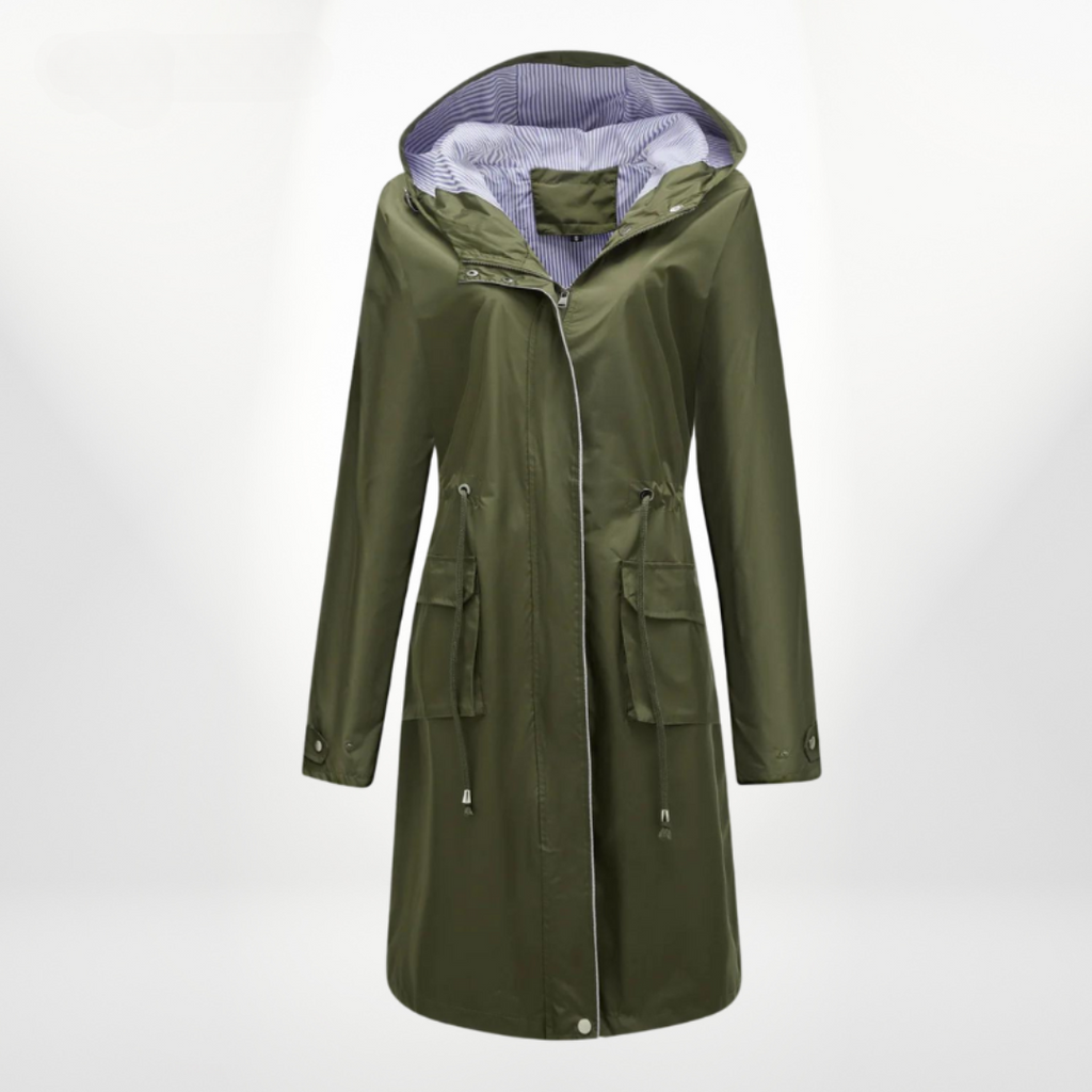 Amira - Damen Trenchcoat lang wasserdicht mit Kapuze