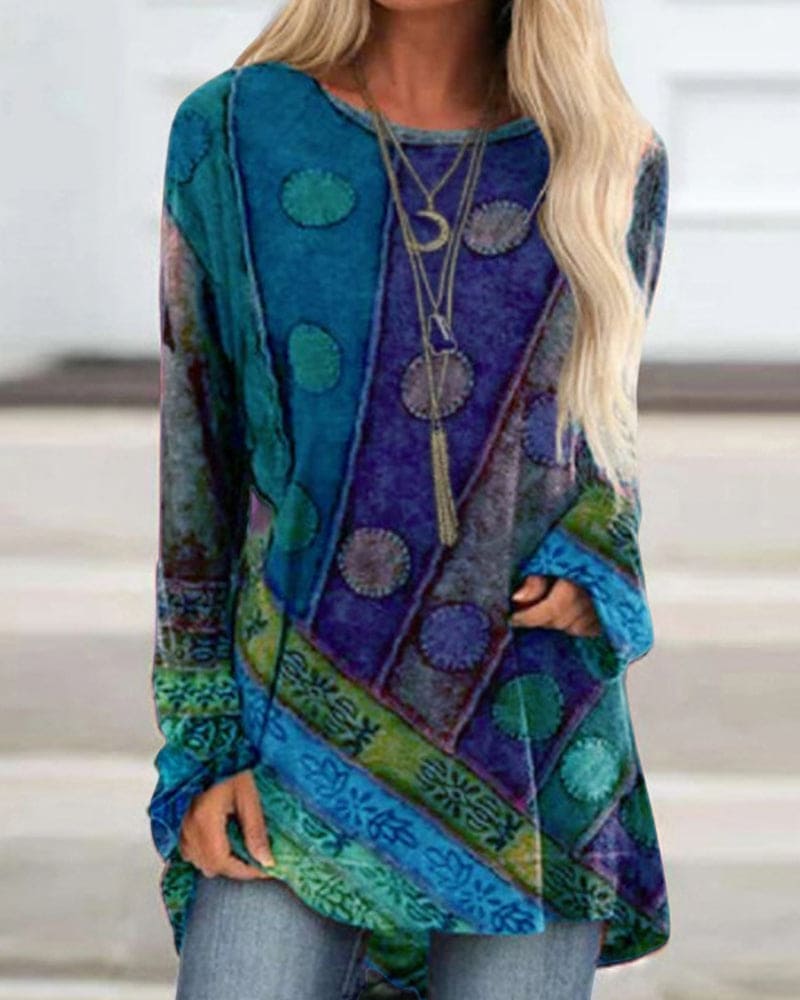 Samira – Damen Bluse langarm mit buntem Muster und lockerer Passform