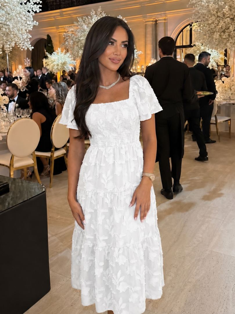 Elegantes Midi-Kleid für Damen mit floralem Muster und Puffärmeln - J&B - 6 - Annoboutique