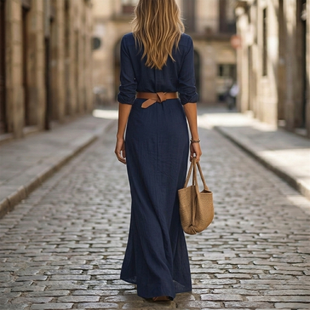 Valentina – Damen Wickel Maxikleid mit Hemdkragen und Taillengürtel