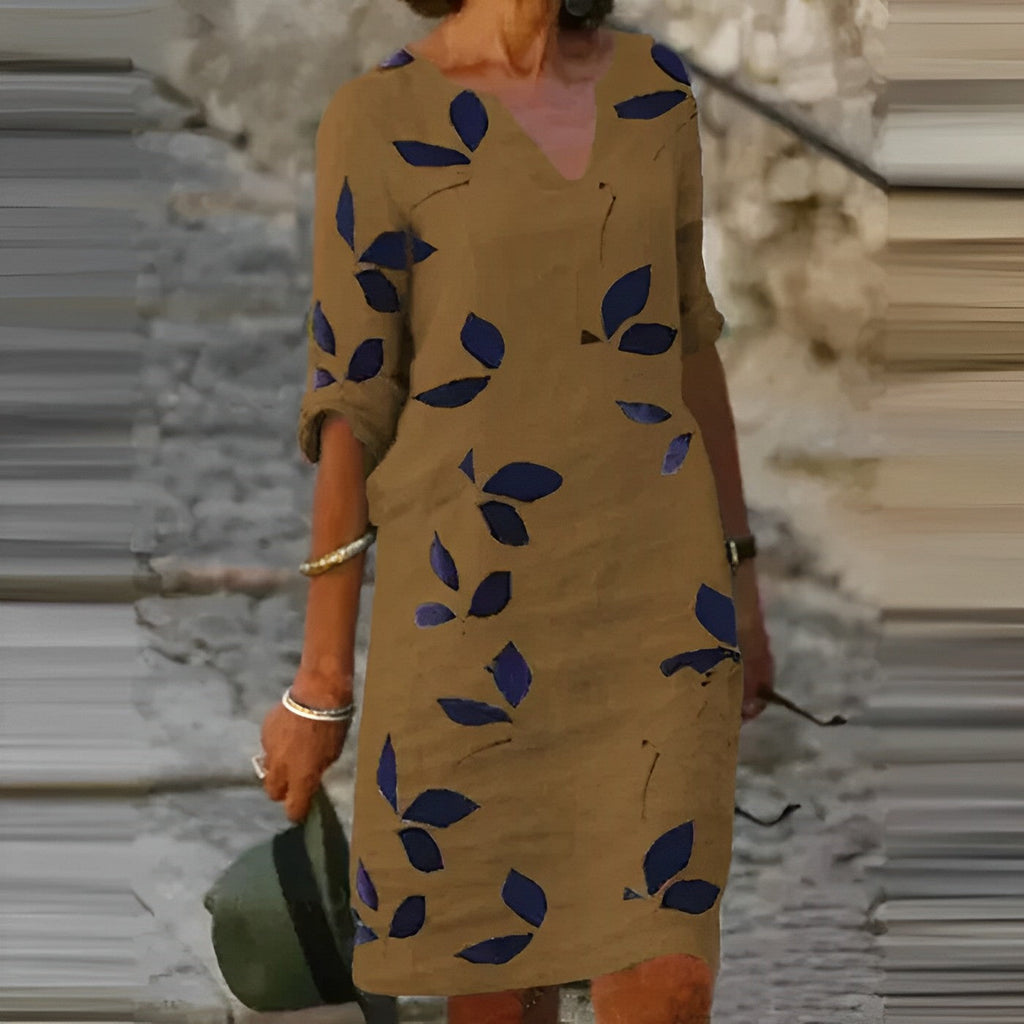 Eva – Damen Kleid mit Blattmuster und V-Ausschnitt