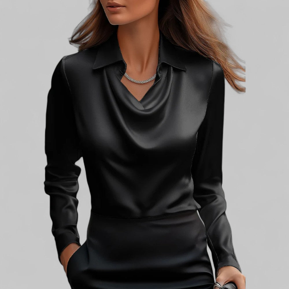 Sophie – Damen Langarm Satinbluse mit Wasserfallausschnitt