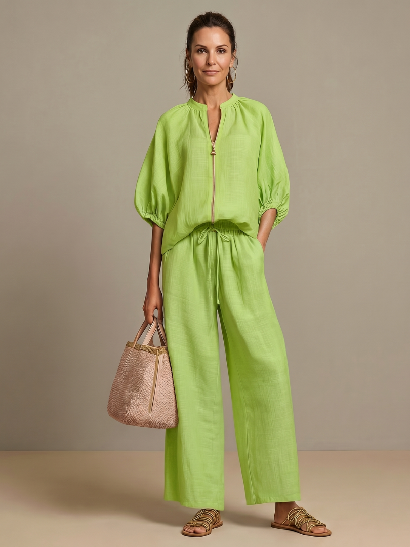 Damen Set bestehend aus Oberteil mit Puffärmeln und weitgeschnittener Hose - J&B - 7 - Annoboutique