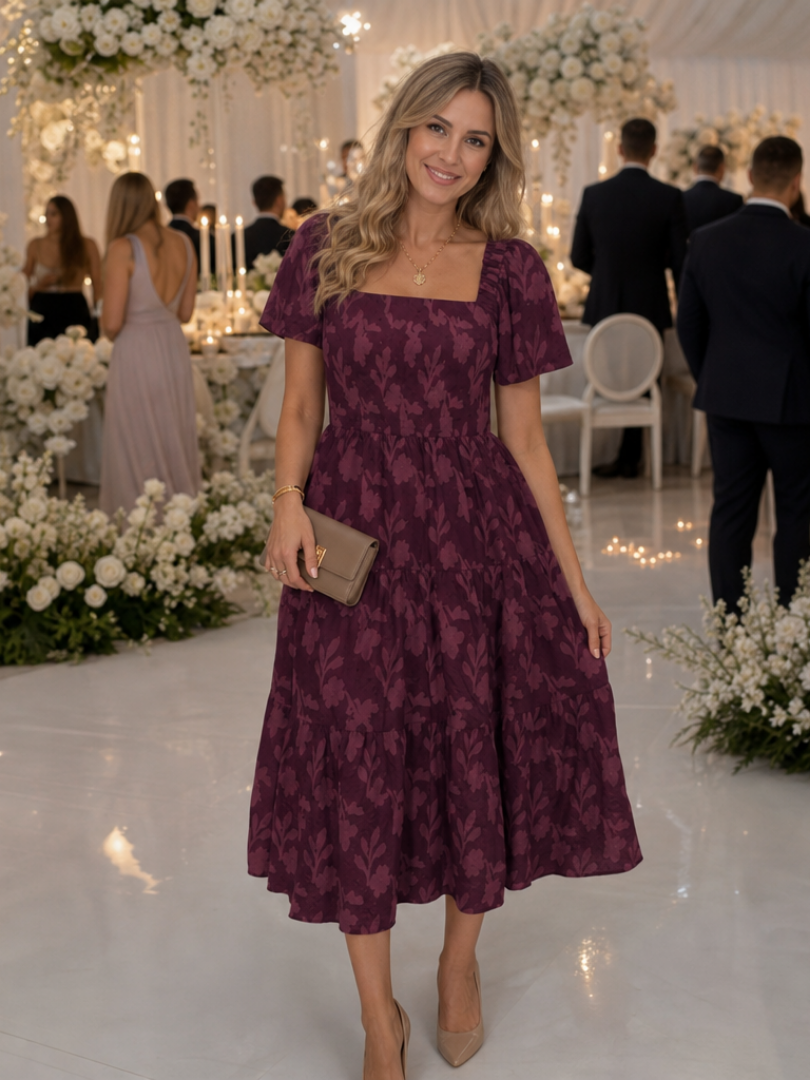Elegantes Midi-Kleid für Damen mit floralem Muster und Puffärmeln - J&B - 8 - Annoboutique