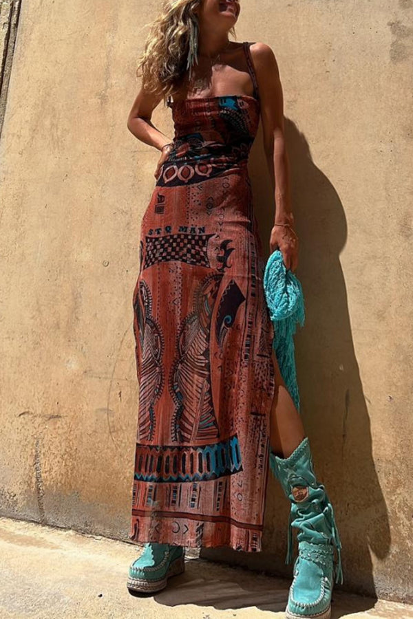 Mara – Damen Boho Maxikleid mit schmalen Trägern und Ethno-Muster