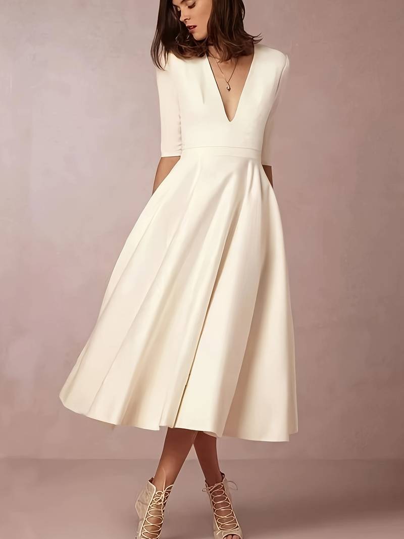 Hannah – Damen Midi Kleid mit V-Ausschnitt und ausgestelltem Rock