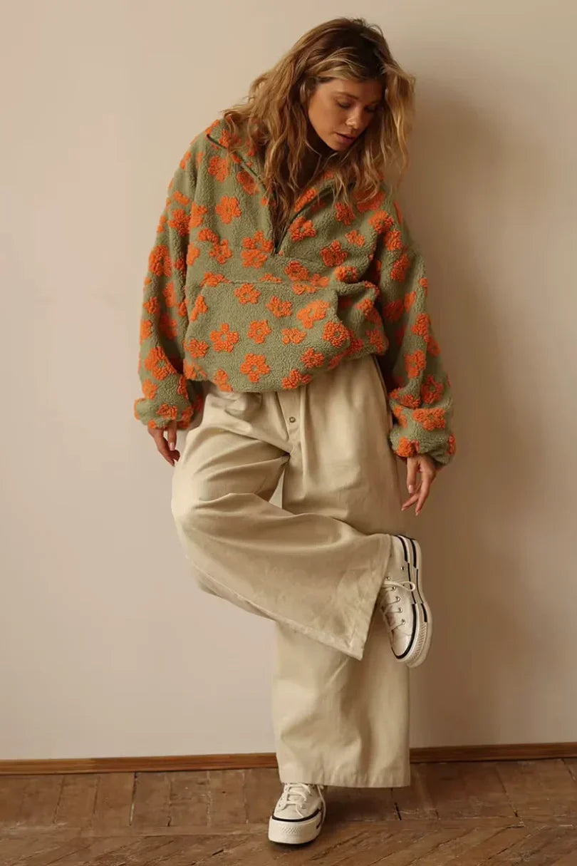 Valeria – Lässiger Teddy Damen Half-Zip Pullover mit Muster