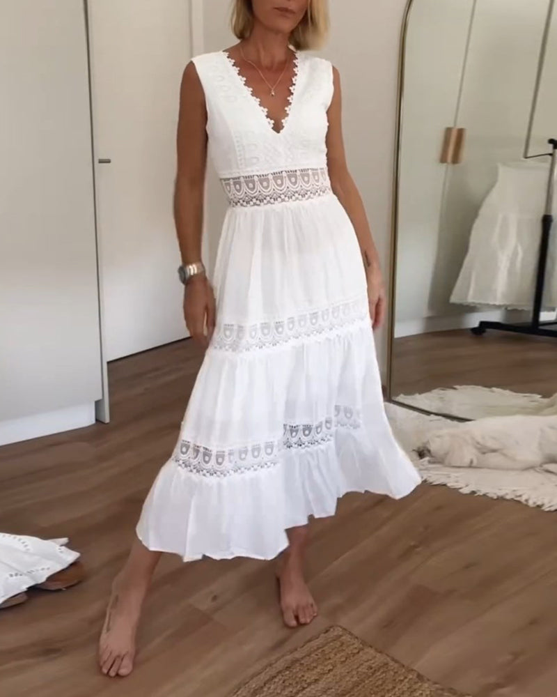 Elena – Damen Boho Maxikleid mit V-Ausschnitt und Spitzenbesatz