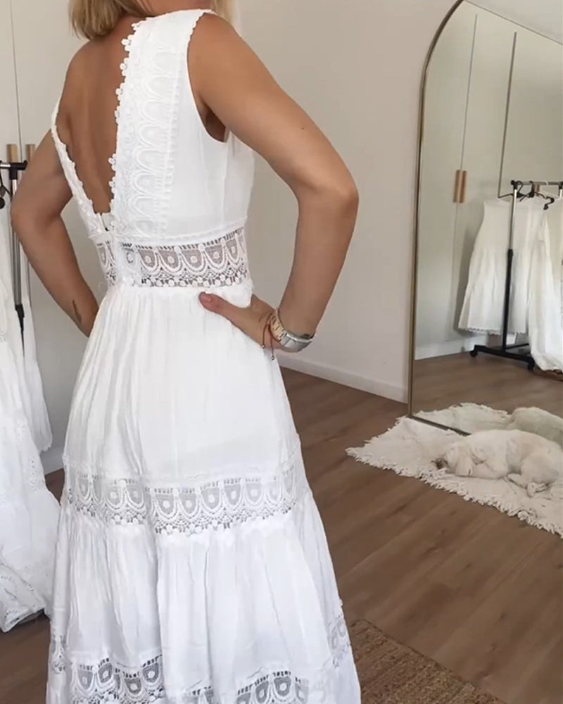 Elena – Damen Boho Maxikleid mit V-Ausschnitt und Spitzenbesatz