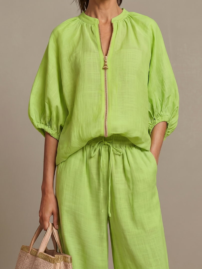 Damen Set bestehend aus Oberteil mit Puffärmeln und weitgeschnittener Hose - J&B - 9 - Annoboutique