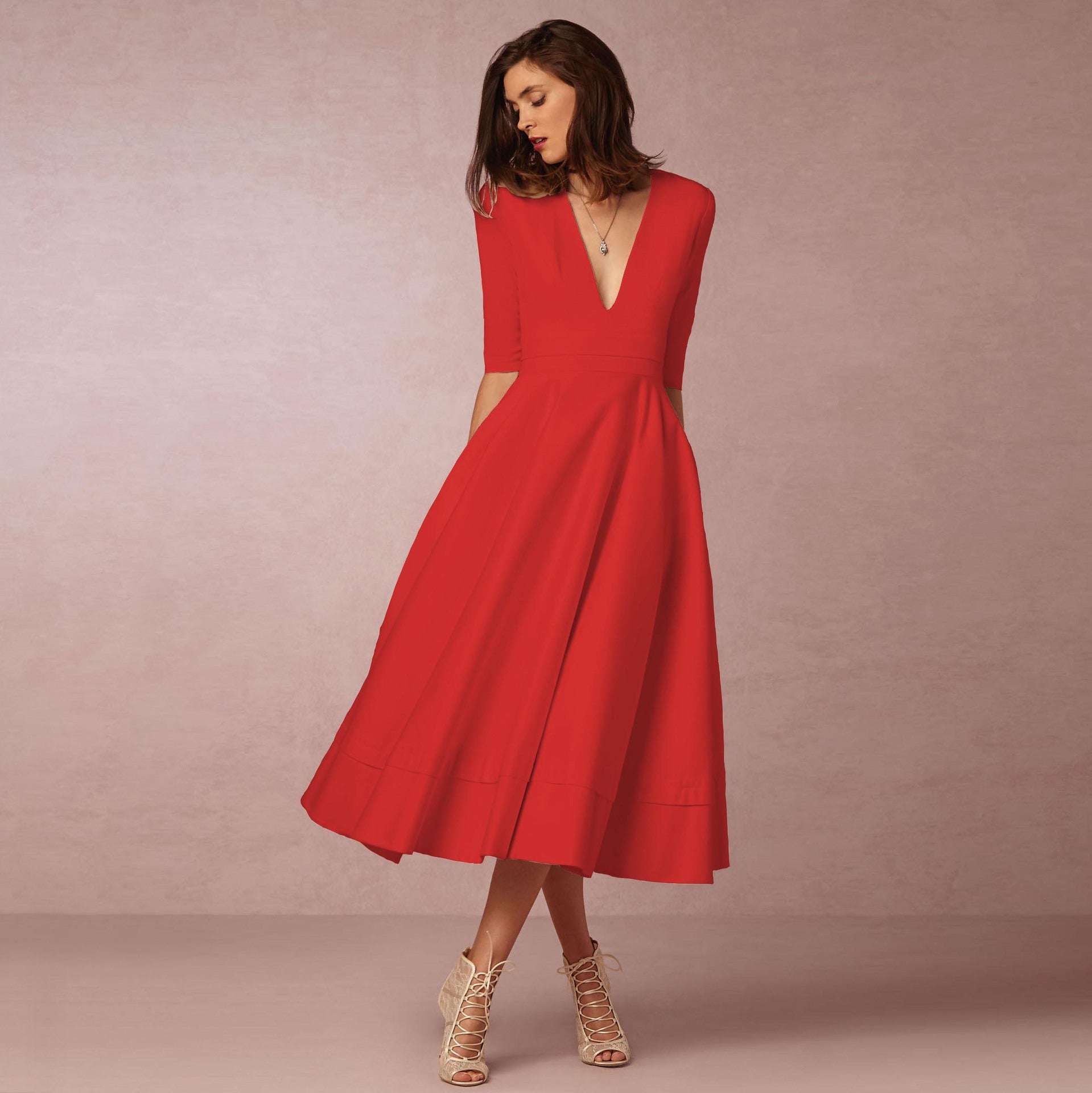 Hannah – Elegantes Midi Kleid Damen mit tiefem V-Ausschnitt