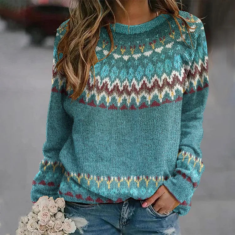 Selina - Damen Strickpullover mit Rundhalsausschnitt und Print