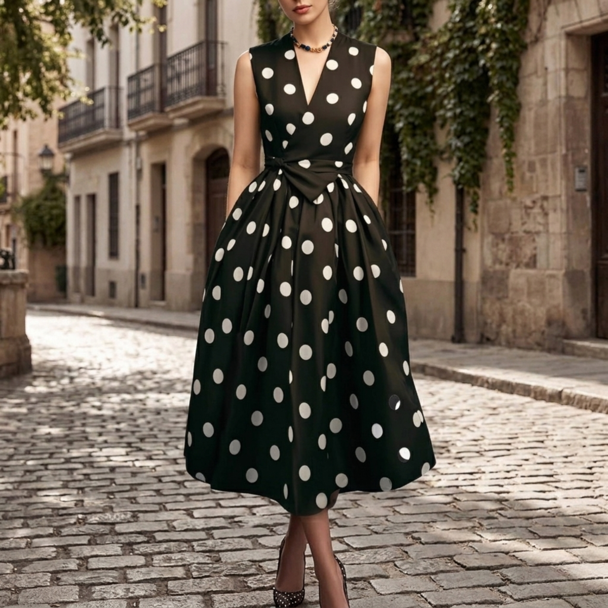Midi-Kleid Damen mit V-Ausschnitt und taillierter Silhouette - 1 - Annoboutique