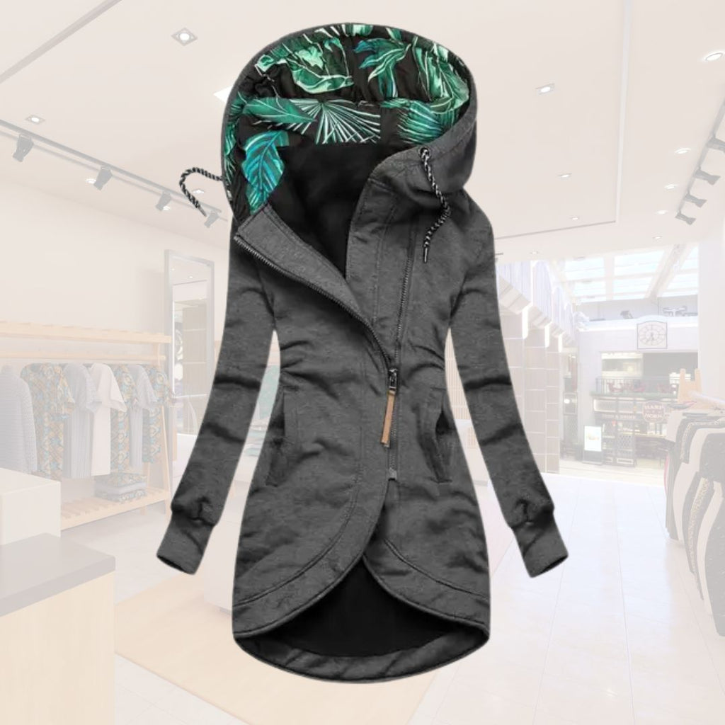 Lucía – Stylische Damen Longjacke mit besonderem Kapuzendesign