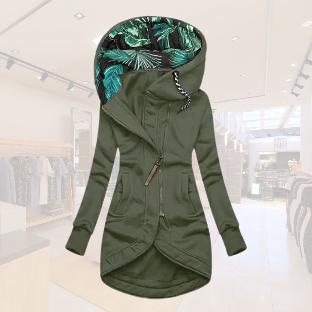 Lucía – Stylische Damen Longjacke mit besonderem Kapuzendesign