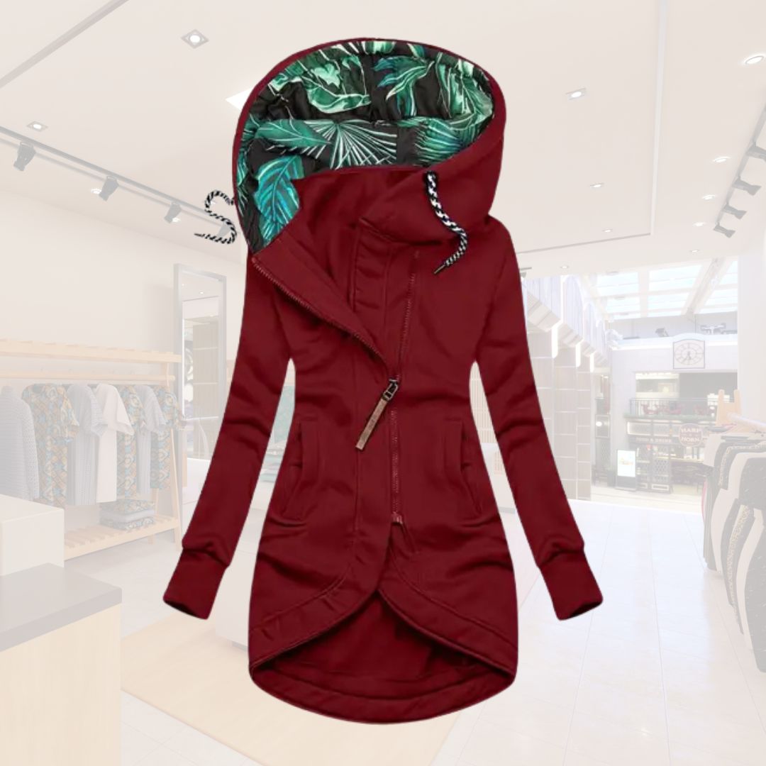 Lucía – Stylische Damen Longjacke mit besonderem Kapuzendesign