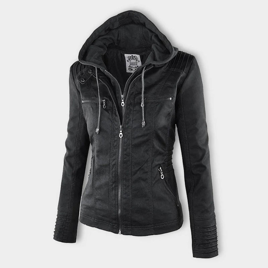 Nora – Damenjacke mit Reißverschluss und Kapuze im Biker-Stil