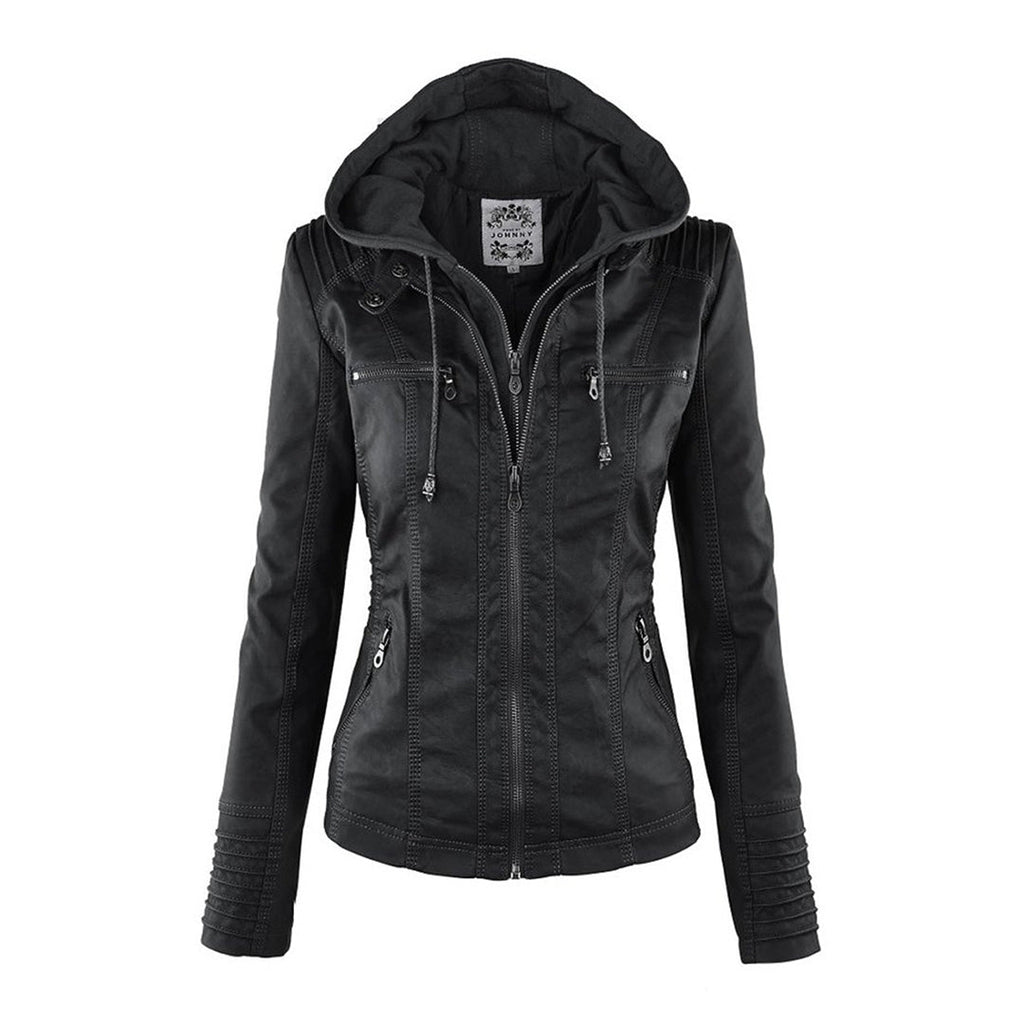 Nora – Damenjacke mit Reißverschluss und Kapuze im Biker-Stil