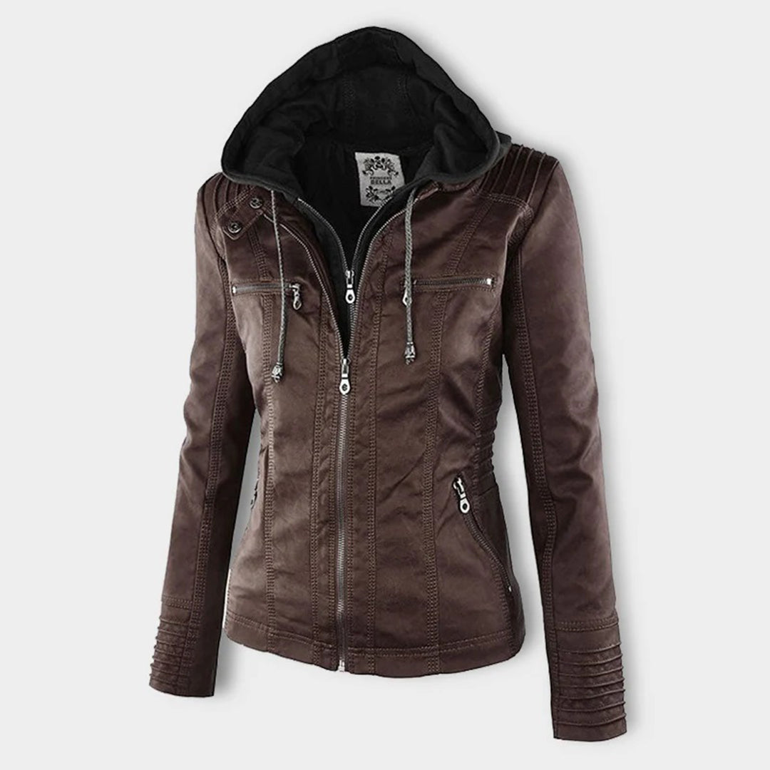Nora – Damenjacke mit Reißverschluss und Kapuze im Biker-Stil