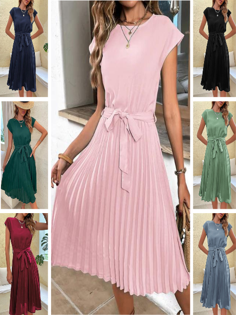 Elena - Damen Midikleid mit Plissee-Rock und Bindegürtel