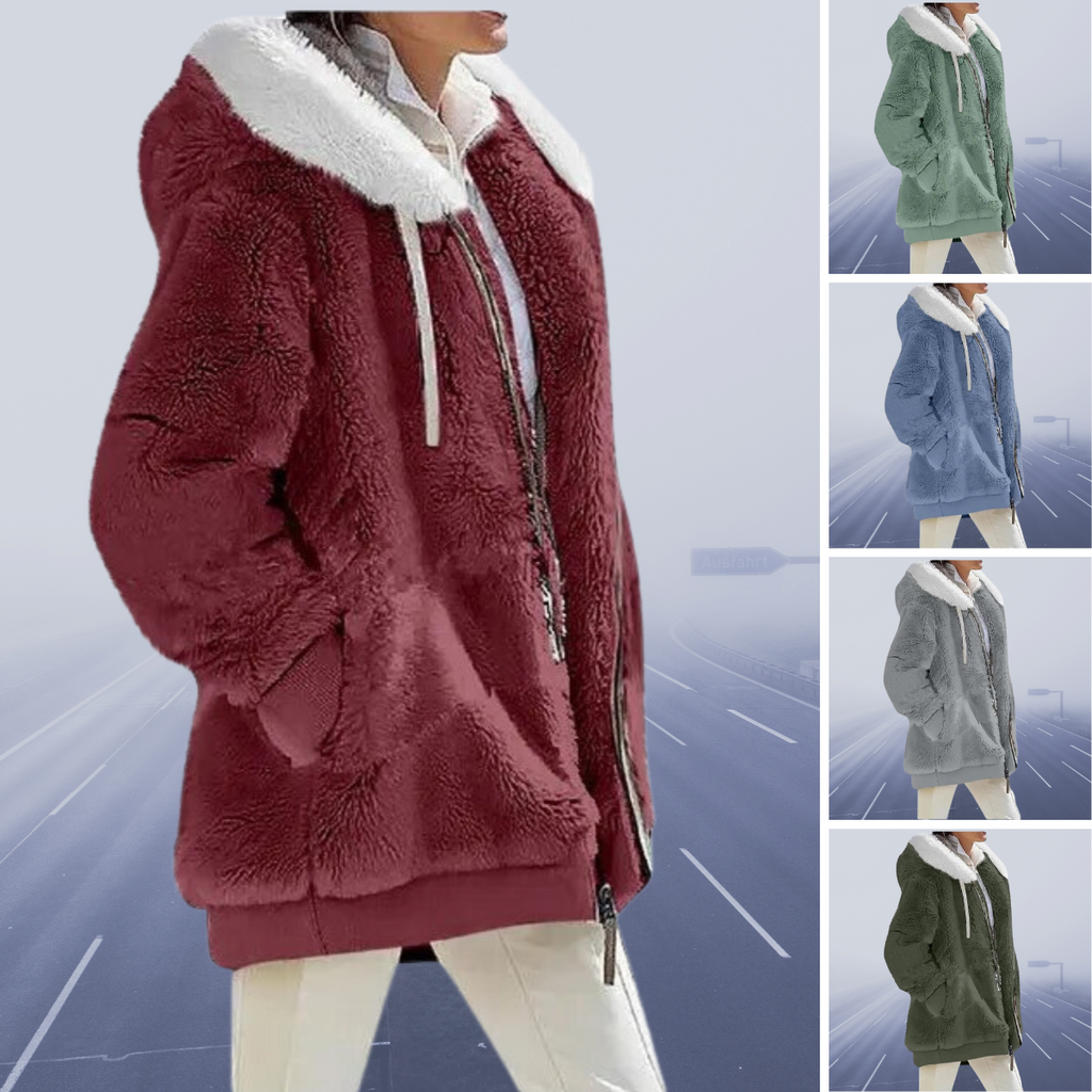 Elisa - Damen Teddyfelljacke mit Kapuze und Reißverschluss
