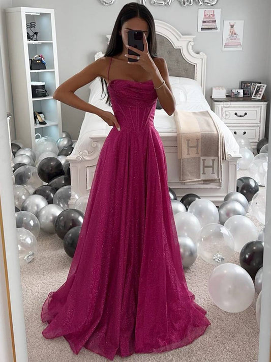 Serena – Damen Abendkleid mit Spaghettiträgern und Glitzer-Effekt