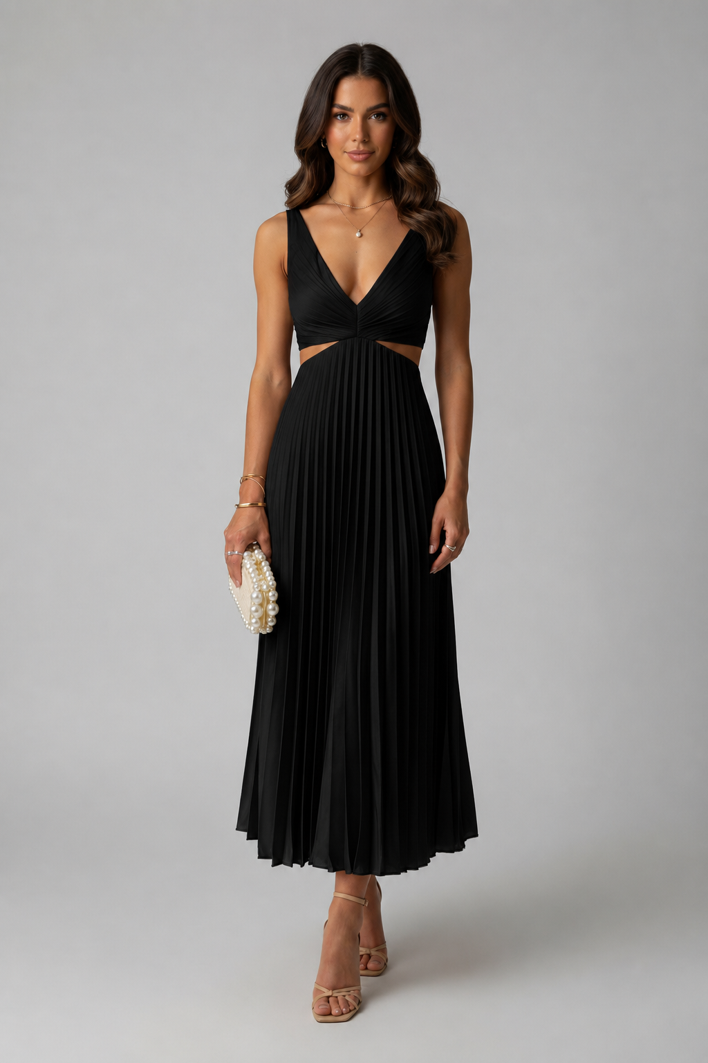 Julia – Damen Hochzeitsgast Midikleid mit Cut-Outs und Plissee-Rock