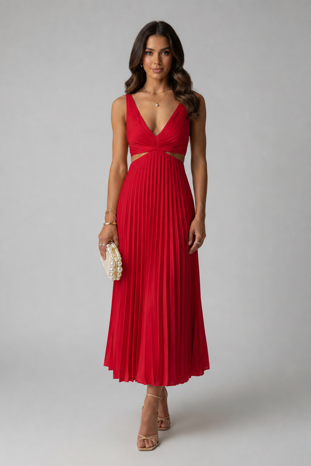 Julia – Damen Hochzeitsgast Midikleid mit Cut-Outs und Plissee-Rock