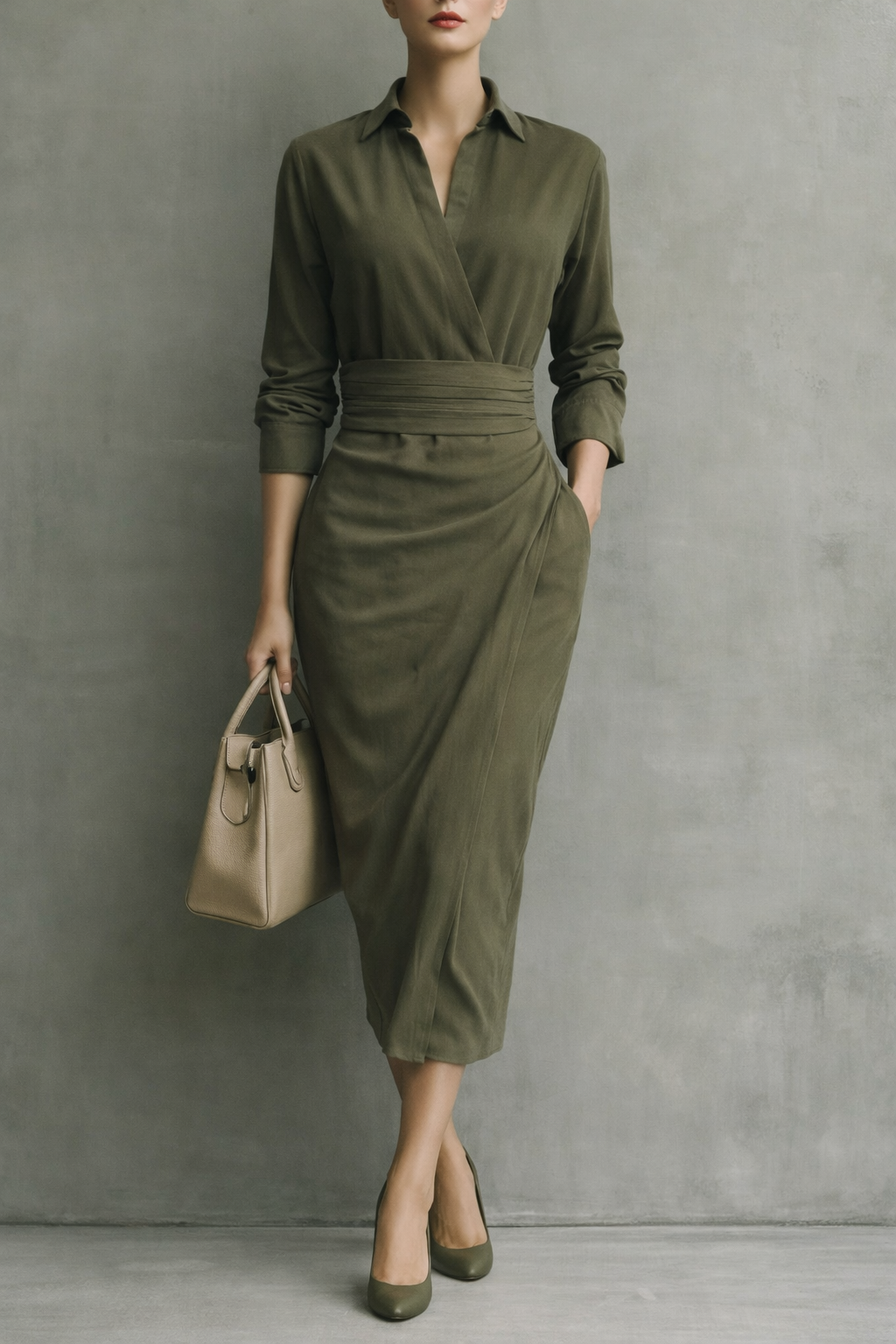 Lena – Damen Langarm Wickelkleid in Midi-Länge