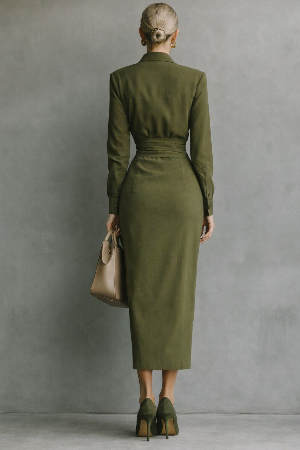 Lena – Damen Langarm Wickelkleid in Midi-Länge