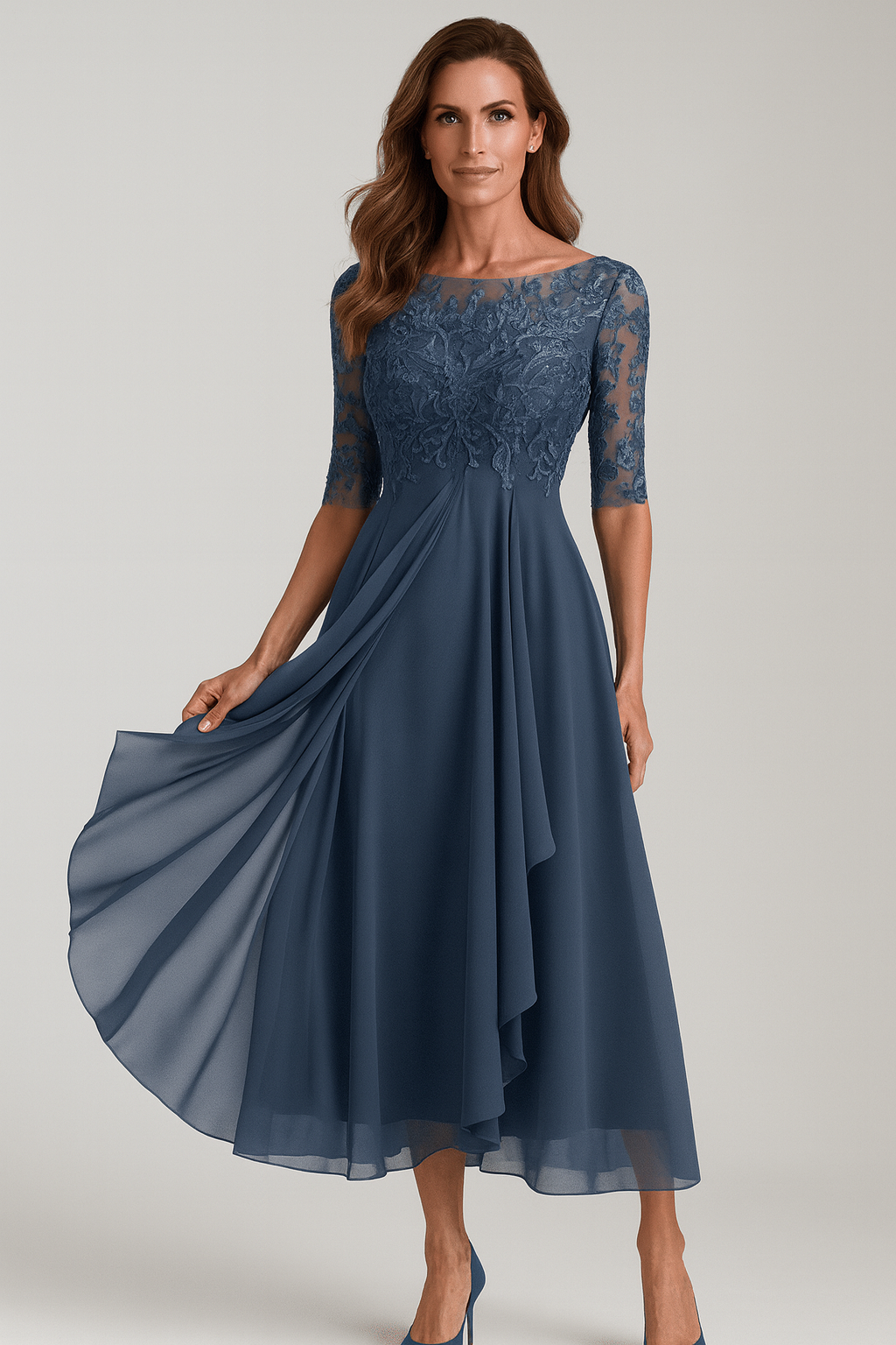 Helena – Damen Midikleid mit Spitzenoberteil und Chiffonroc